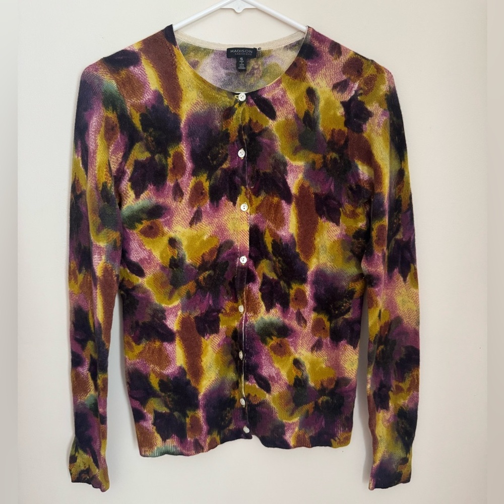 Madison 100% Cashmere Floral Cardigan Women’s Size Small Button Front Sweater